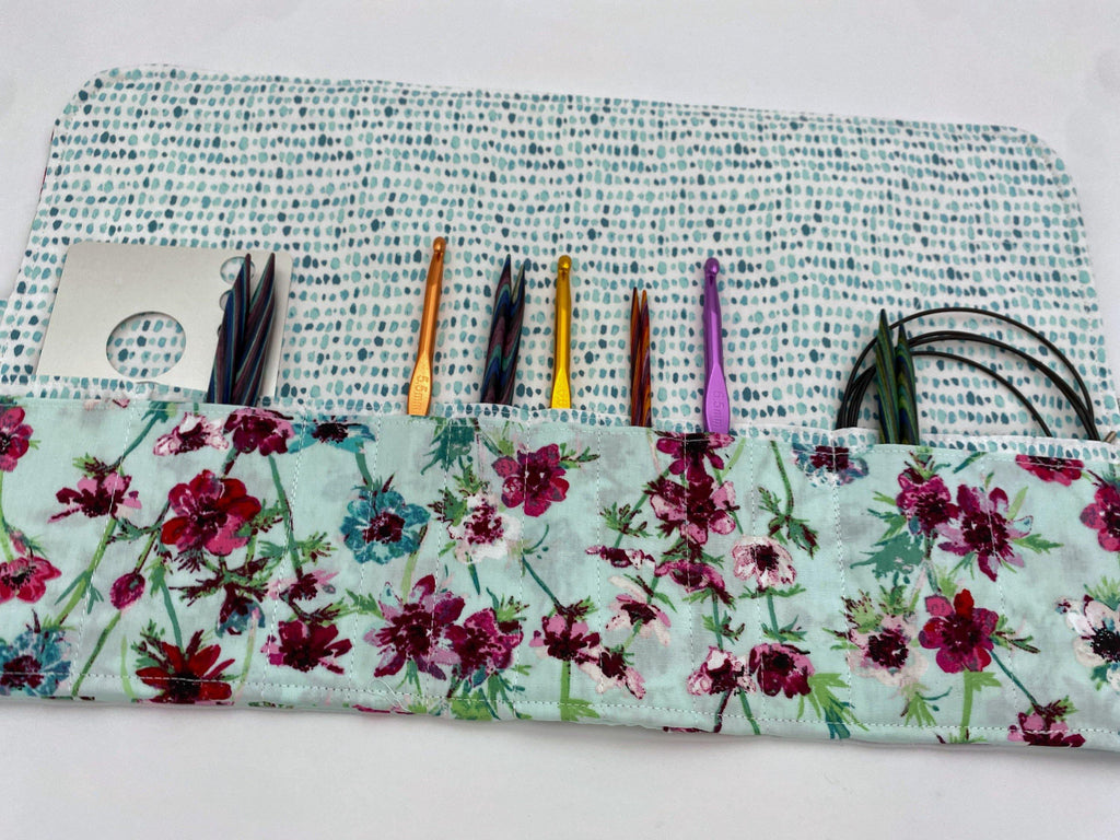 Interchangeable Knitting Needle Case, Knitting Notions Storage, Crochet Hook Roll, Knitting Needle Organizer - Aquarelle Morning