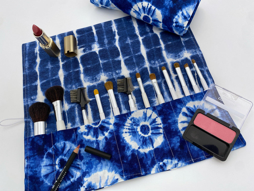 Makeup Brush Roll, Makeup Brush Holder, Travel Makeup Brush Case, Travel Make Up Brush Bag, Cosmetic Brush Roll Up - Indigo Dyed