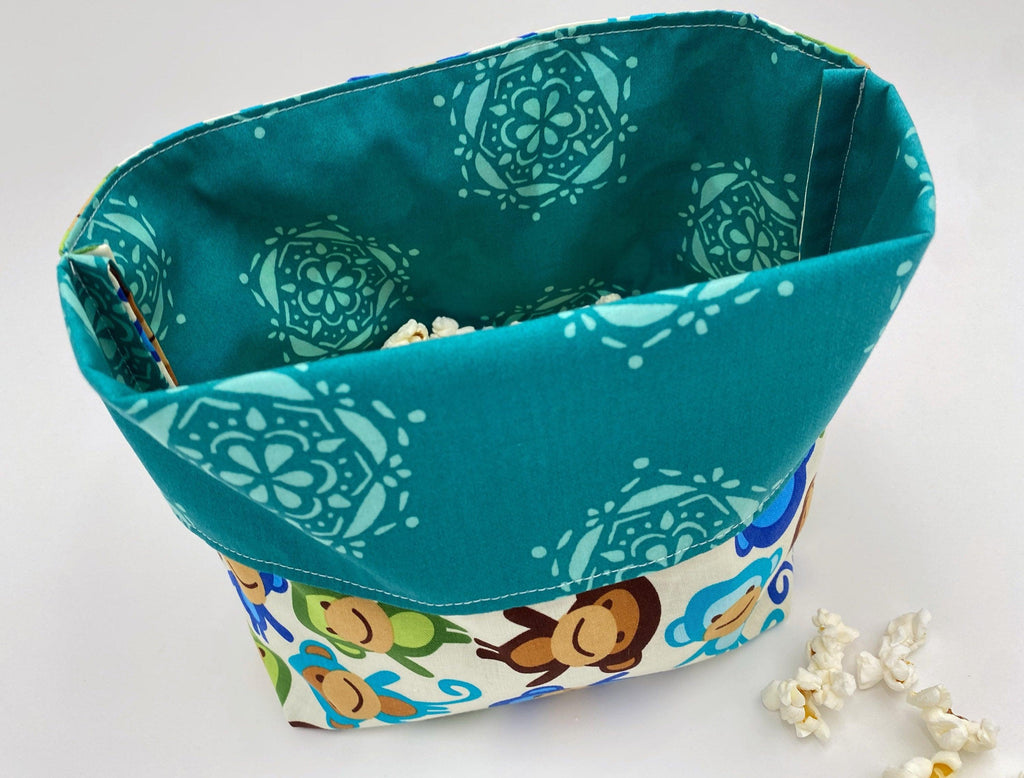 Reusable Popcorn Bag, Reusable Microwave Popcorn, Microwave Popcorn Cozy, Eco-Friendly Snack Holder - Monkeys Blue