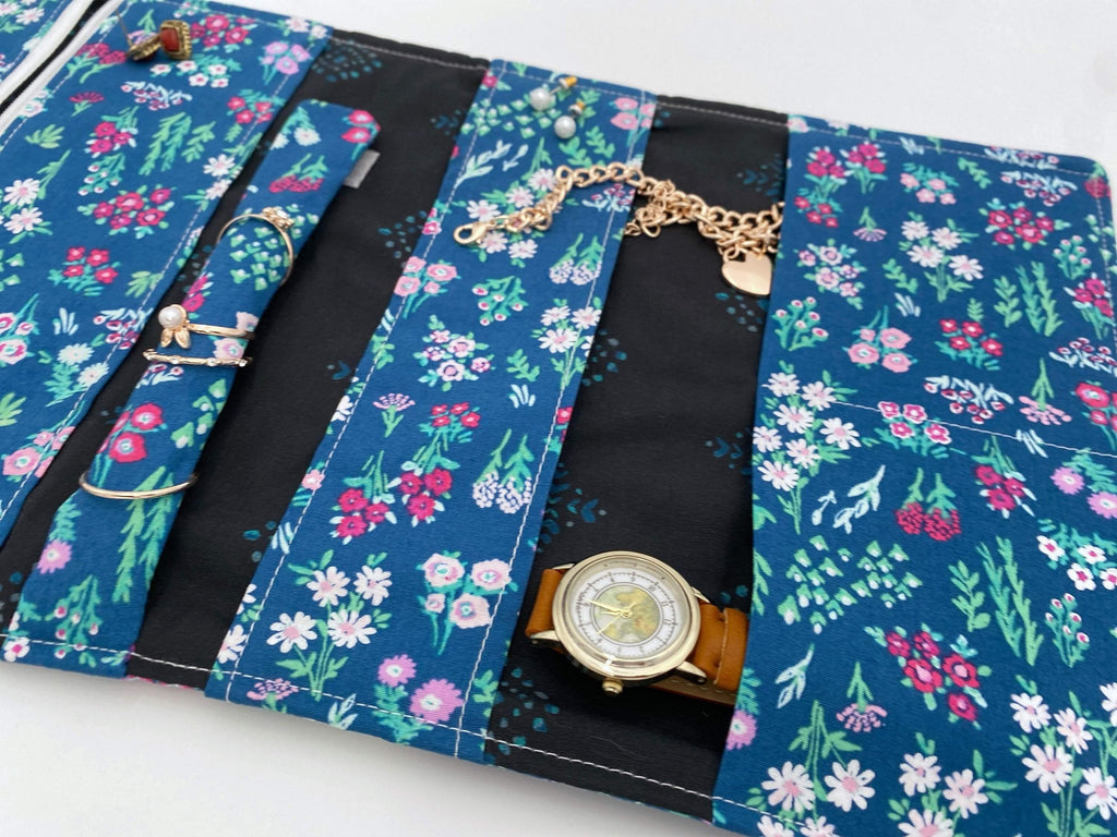 Travel Jewelry Organizer, Jewelry Roll, Fabric Jewelry Pouch, Blue Jewelry Case, Ring Holder - Aquarelle Flora