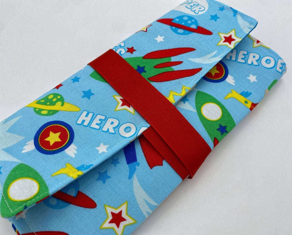Activity Wallet, Travel Crayon Roll, Chalkboard Mat, Crayon Case, Gift for Kids, Pencil Case, Creative Toy, Stickers - Super Hero