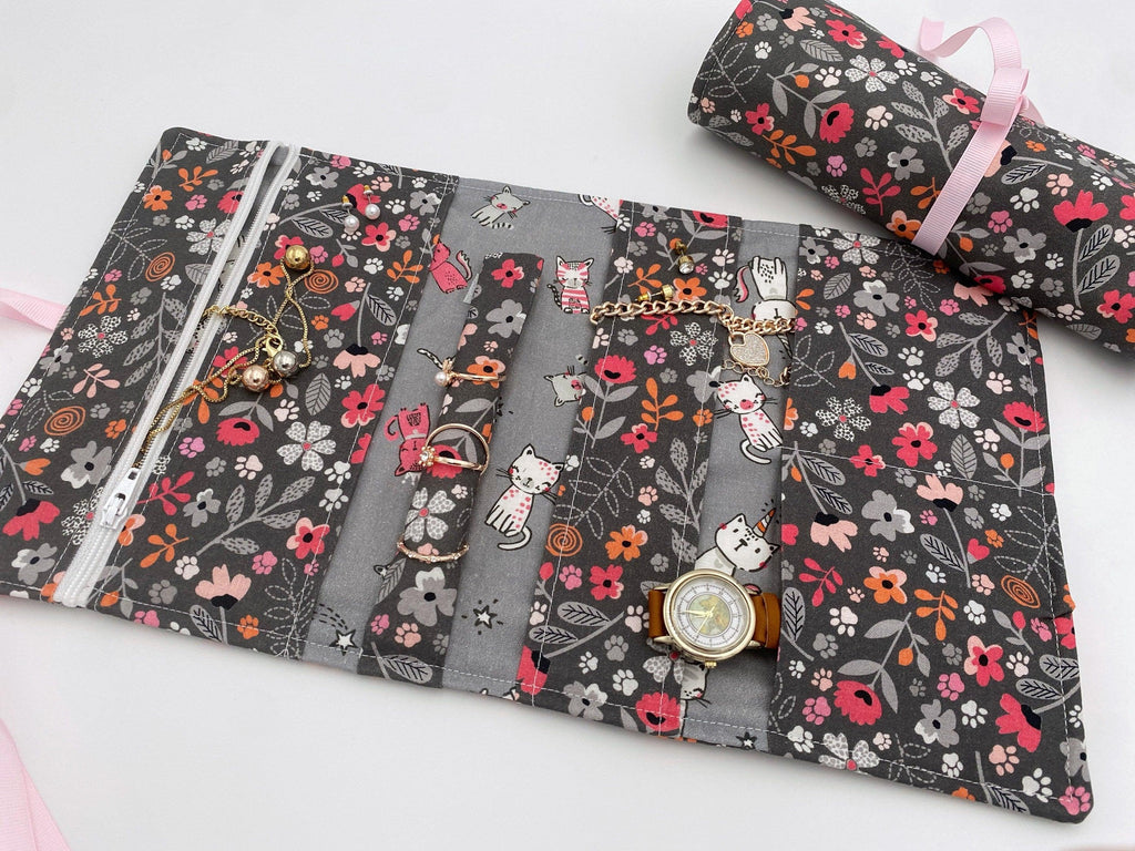 Travel Jewelry Organizer, Jewelry Roll, Fabric Jewelry Pouch, Pink Jewelry Case, Ring Holder - Floral Kitty Grey