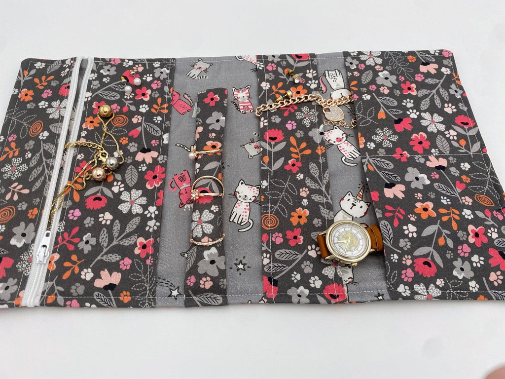 Travel Jewelry Organizer, Jewelry Roll, Fabric Jewelry Pouch, Pink Jewelry Case, Ring Holder - Floral Kitty Grey