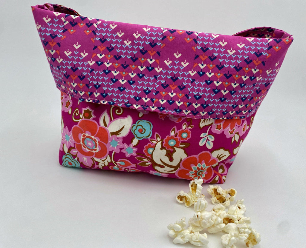 Reusable Popcorn Bag, Reusable Microwave Popcorn, Microwave Popcorn Cozy, Eco-Friendly Snack Holder - Floral Magenta