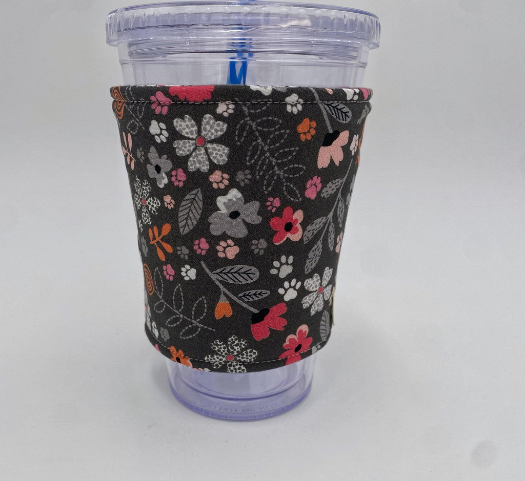 Reversible Coffee Cozy, Insulated Coffee Sleeve, Coffee Cuff, Iced Coffee Sleeve, Hot Tea Sleeve, Cold Drink Cup Cuff - Gray Kitty Floral