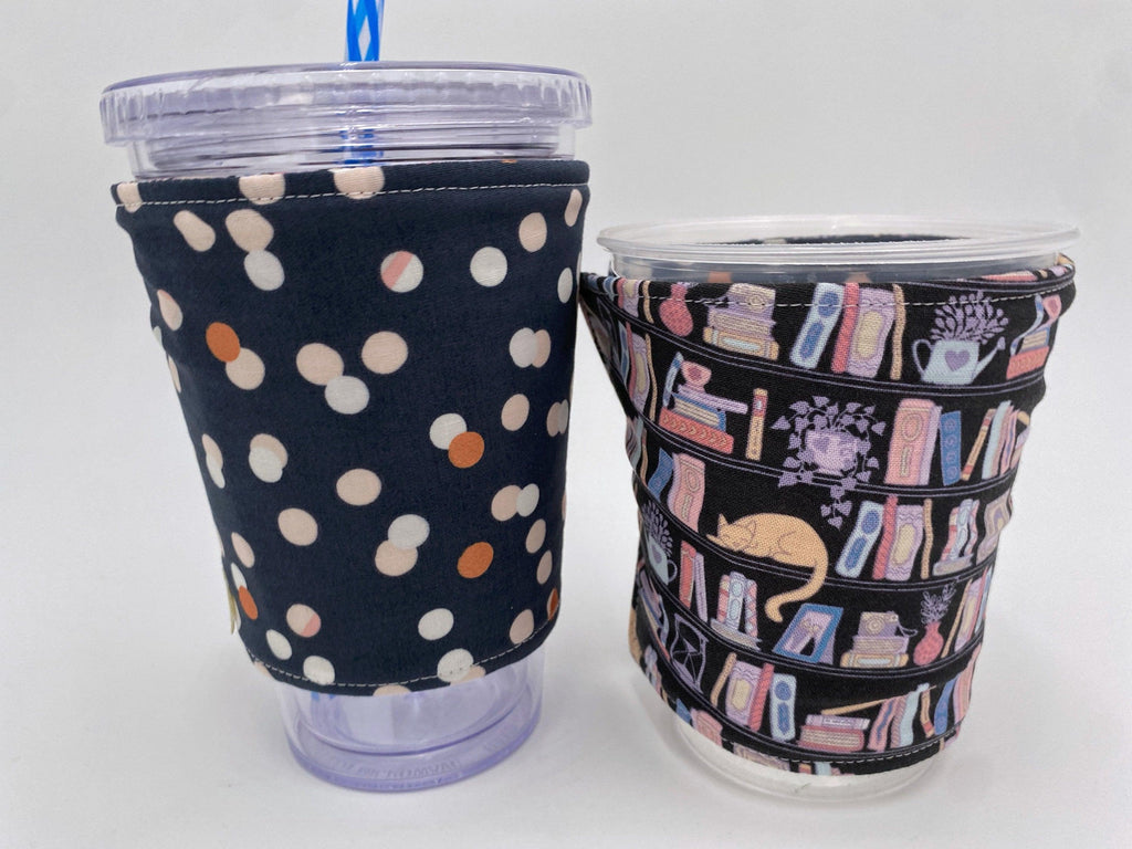 Reversible Coffee Cozy, Insulated Coffee Sleeve, Coffee Cuff, Iced Coffee Sleeve, Hot Tea Sleeve, Cold Drink Cup Cuff - Book Lover