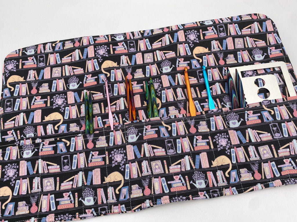 Interchangeable Knitting Needle Case, Knitting Notions Storage, Crochet Hook Roll, Knitting Needle Organizer - Library Book Lover