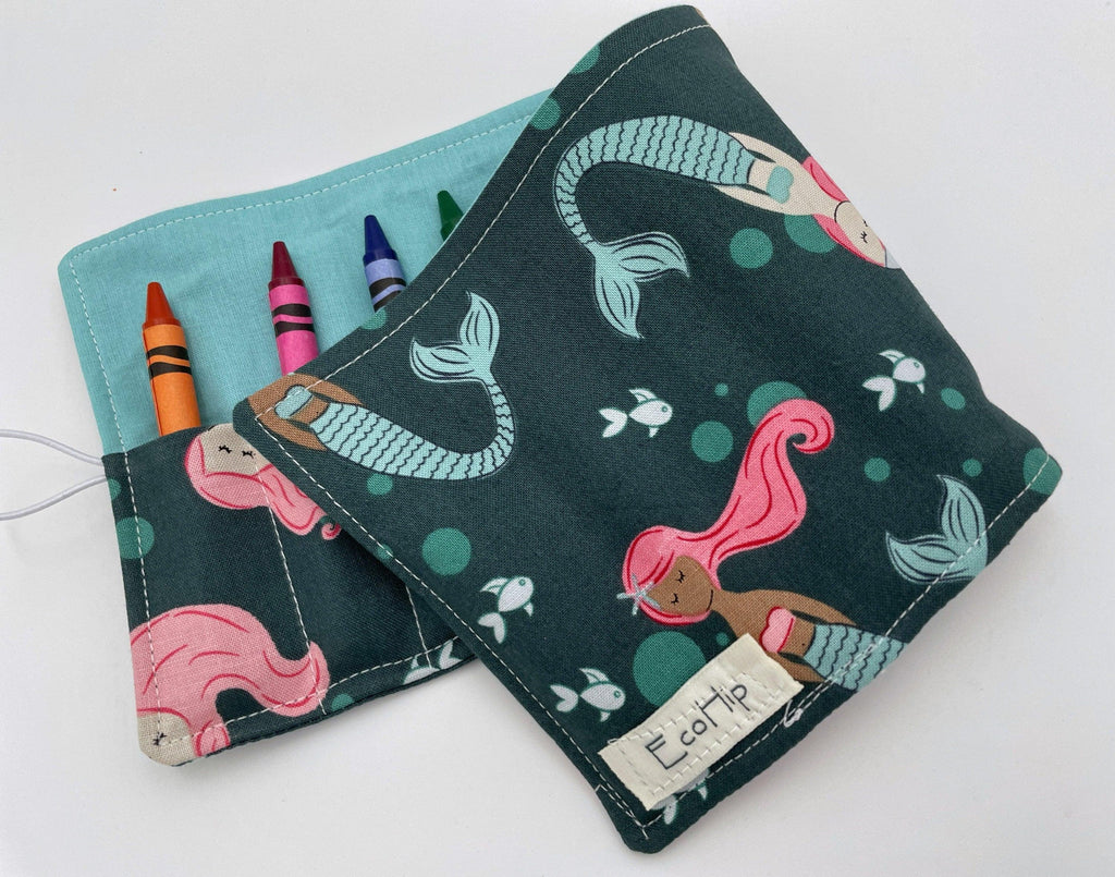 Crayon Roll, Crayon Caddy, Travel Toy, Kids Stocking Stuffer, Crayons Included - Mermaids Teal