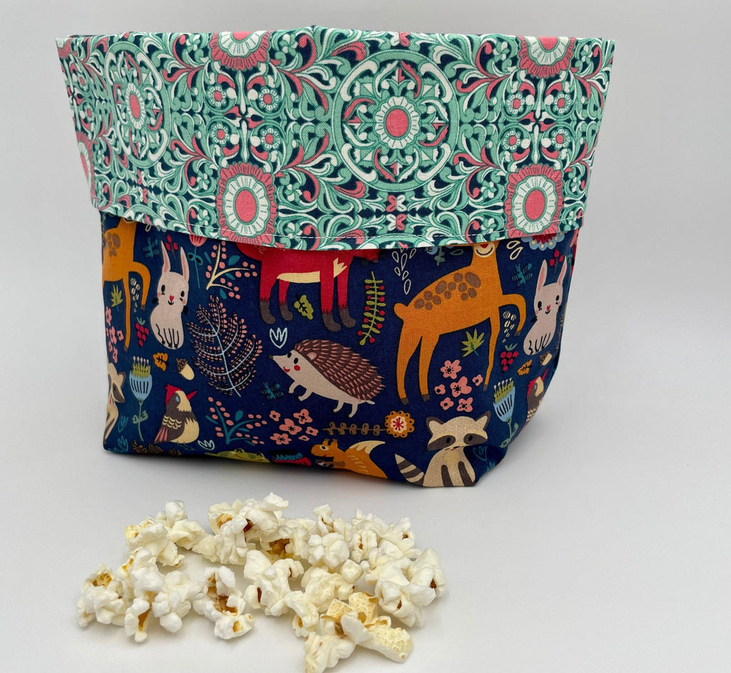 Reusable Popcorn Bag, Reusable Microwave Popcorn, Microwave Popcorn Cozy, Eco-Friendly Snack Holder - Forest Animals Blue