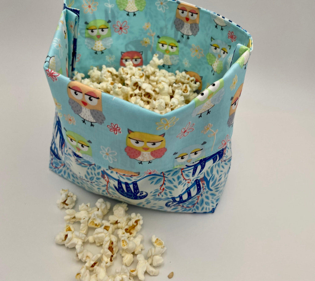 Reusable Popcorn Bag, Reusable Microwave Popcorn, Microwave Popcorn Cozy, Eco-Friendly Snack Holder - Sloth and Owl