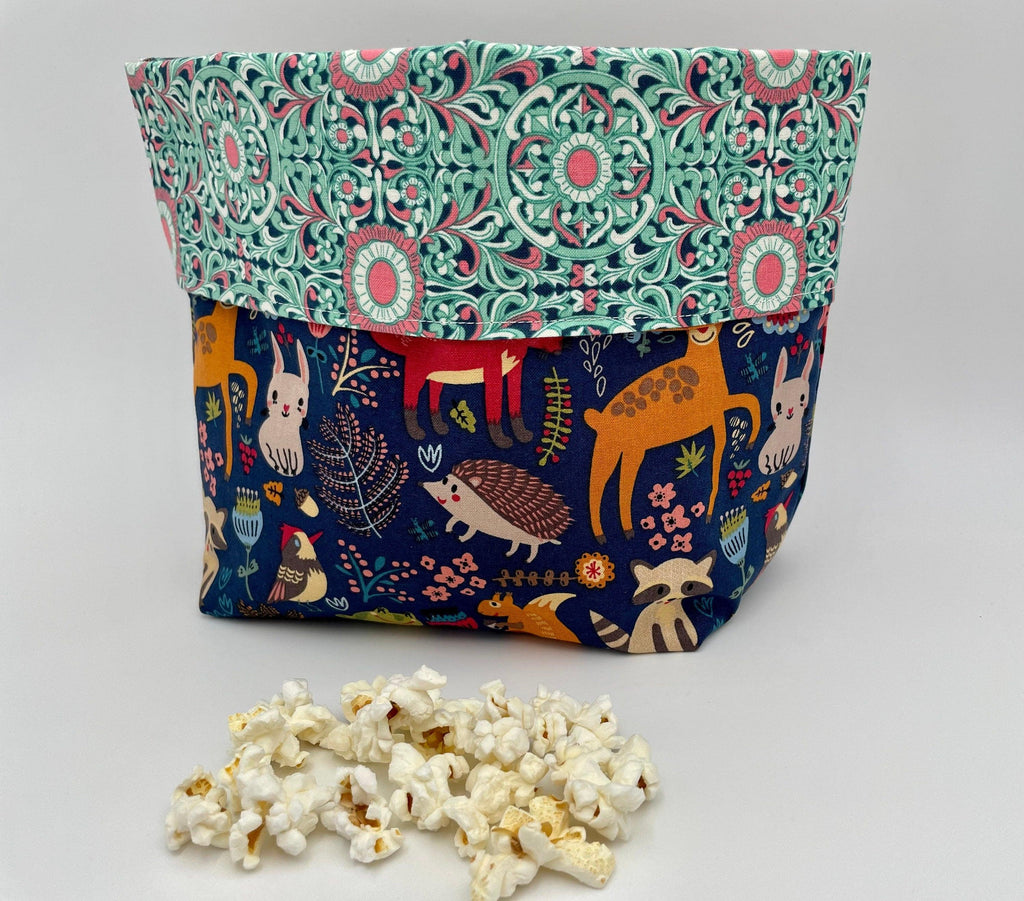 Reusable Popcorn Bag, Reusable Microwave Popcorn, Microwave Popcorn Cozy, Eco-Friendly Snack Holder - Forest Animals Blue