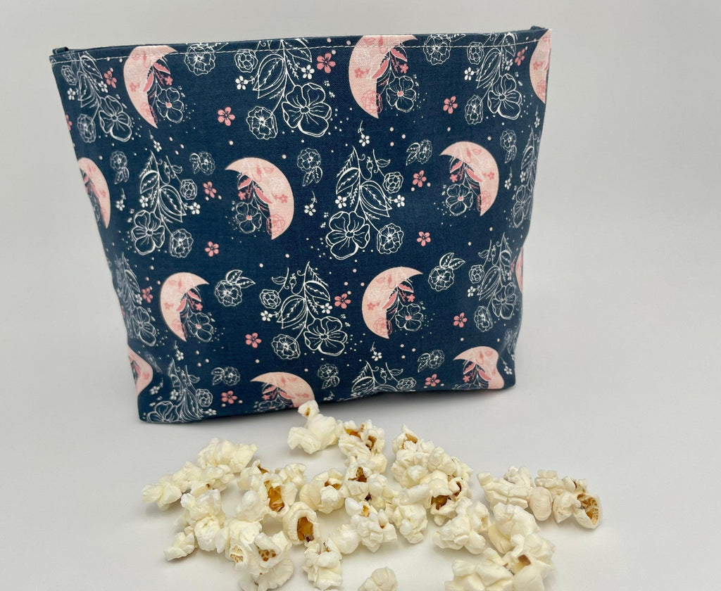 Reusable Popcorn Bag, Reusable Microwave Popcorn, Microwave Popcorn Cozy, Eco-Friendly Snack Holder - Moon and Floral