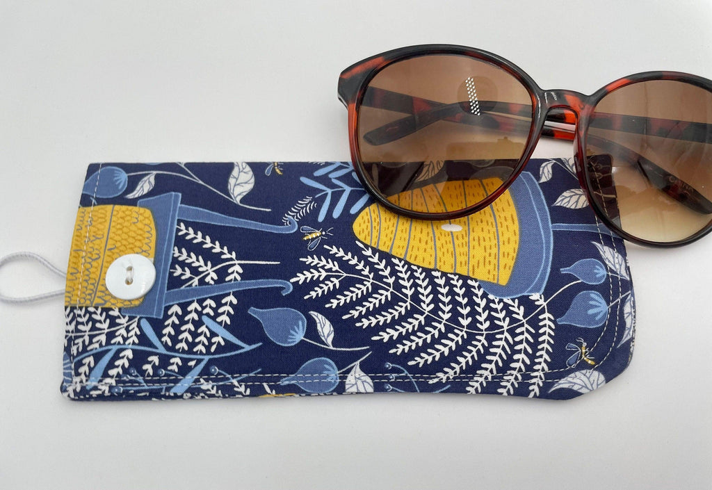 Soft Eyeglass Pouch, Fabric Glasses Sleeve, Sunglasses Case, Eye Glasses Pouch, Reading Glasses Holder, Glasses Case - Honey Bee Blue