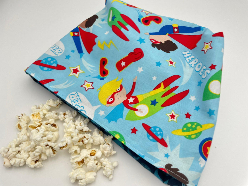 Reusable Popcorn Bag, Reusable Microwave Popcorn, Microwave Popcorn Cozy, Eco-Friendly Snack Holder - Super Hero Boys Space