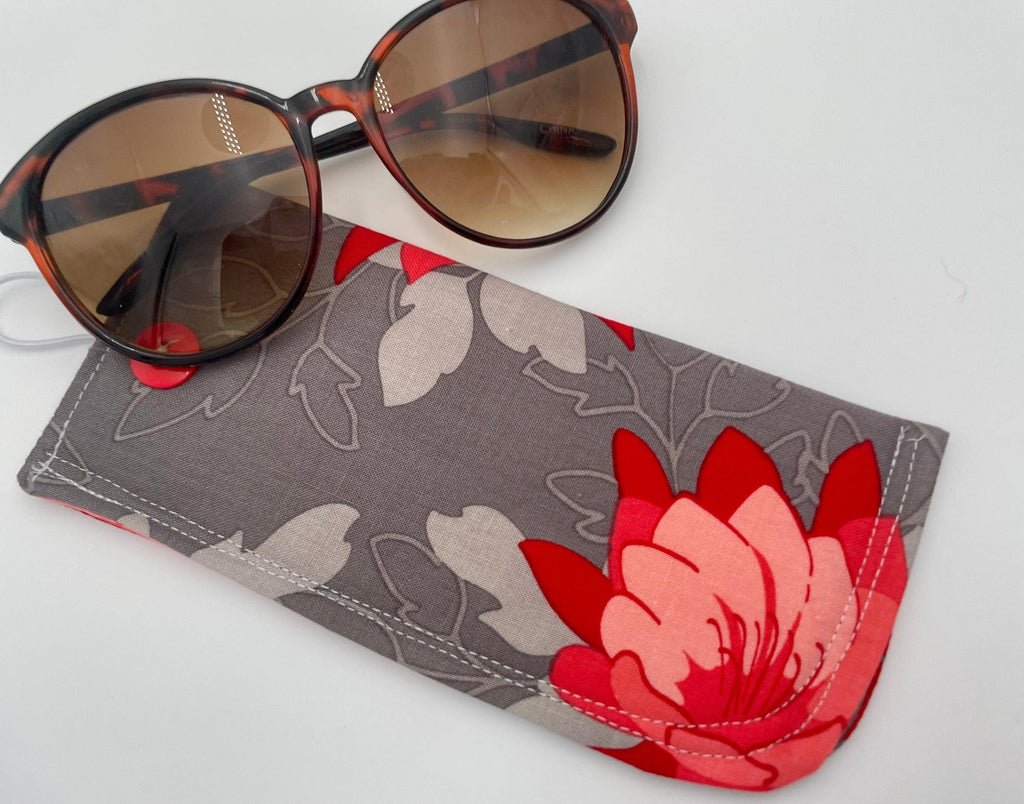 Fabric Eyeglass Case, Soft Sunglasses Case, Eye Glasses Sleeve, Eyeglass Pouch, Reading Glasses Case Holder - Red Floral and Gray