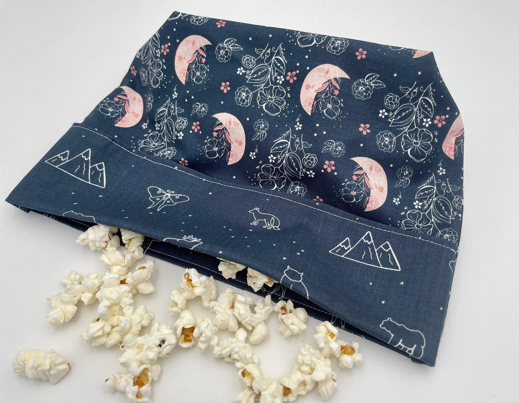 Reusable Popcorn Bag, Reusable Microwave Popcorn, Microwave Popcorn Cozy, Eco-Friendly Snack Holder - Moon and Floral