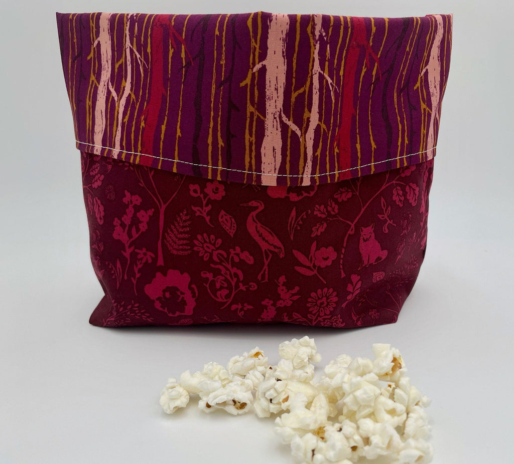 Reusable Popcorn Bag, Reusable Microwave Popcorn, Microwave Popcorn Cozy, Eco-Friendly Snack Holder - Forest Magenta