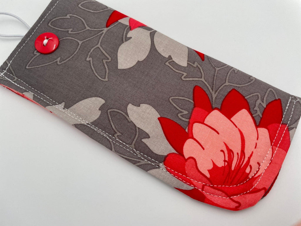 Fabric Eyeglass Case, Soft Sunglasses Case, Eye Glasses Sleeve, Eyeglass Pouch, Reading Glasses Case Holder - Red Floral and Gray