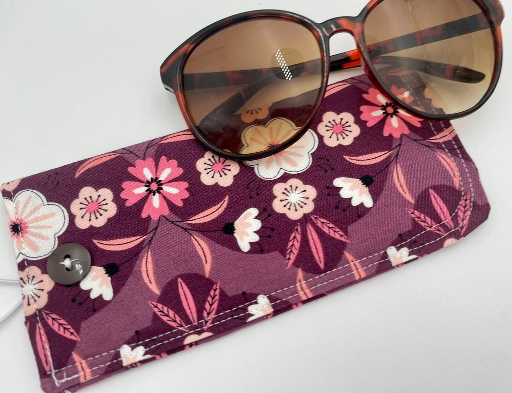 Fabric Eyeglass Case, Sunglass Sleeve, Soft Eyeglass Pouch, Eye Glasses Cover, Reading Glasses Holder, Glasses Case - Plum Purple Floral