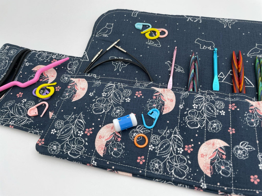 Interchangeable Knitting Needle Case, Notions Storage, Crochet Hook Roll, Knitting Needle Organizer, Moon and Floral