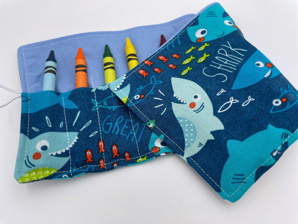 Crayon Roll, Crayon Caddy, Travel Toy, Kids Stocking Stuffer, Crayons Included - Sharks Blue