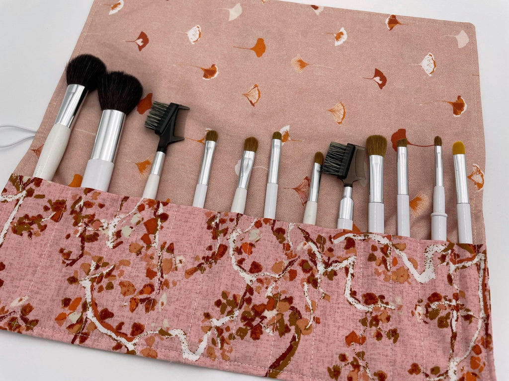 Travel Makeup Brush Holder, Makeup Brush Roll, Pink Makeup Brush Organizer, Travel Make Up Brush Bag, Brush Case - Enchanted Leaves Powder