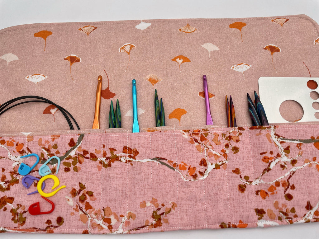 Interchangeable Knitting Needle Case, Knitting Notions Storage, Crochet Hook Roll, Knitting Needle Organizer - Enchanted Leaves Forest