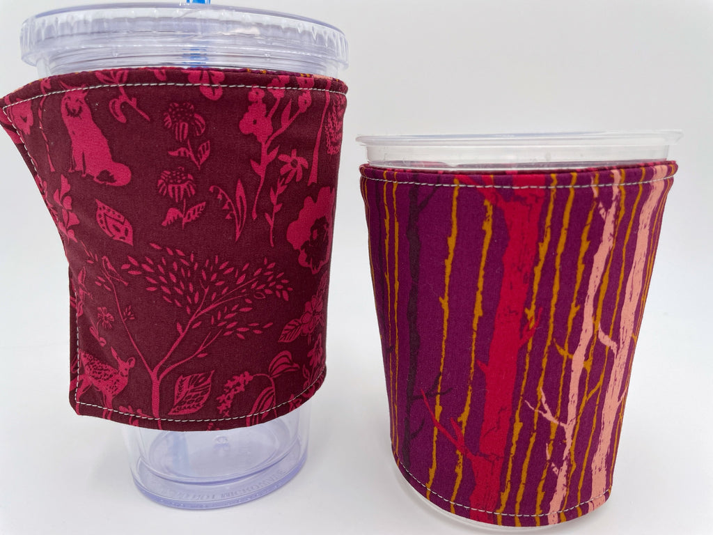 Reversible Coffee Cozy, Insulated Coffee Sleeve, Coffee Cuff, Iced Coffee Sleeve, Hot Tea Sleeve, Cold Drink Cup Cuff - Forest Magenta