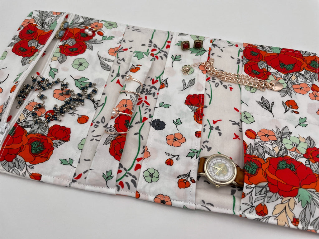 Jewelry Organizer, Travel Jewelry Roll, Fabric Jewelry Pouch, Travel Jewelry Case Red Jewelry Case -  Soulmate Blooms Red