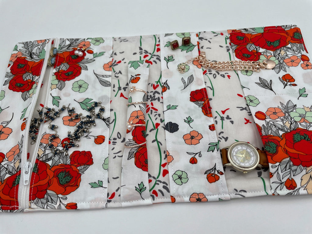 Jewelry Organizer, Travel Jewelry Roll, Fabric Jewelry Pouch, Travel Jewelry Case Red Jewelry Case -  Soulmate Blooms Red