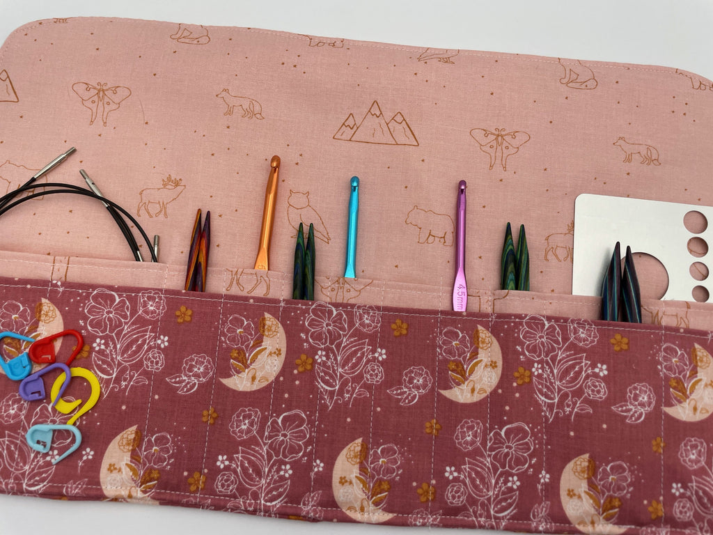 Interchangeable Knitting Needle Case, Knitting Notions Storage, Crochet Hook Roll, Knitting Needle Organizer - Moon and Floral Pink