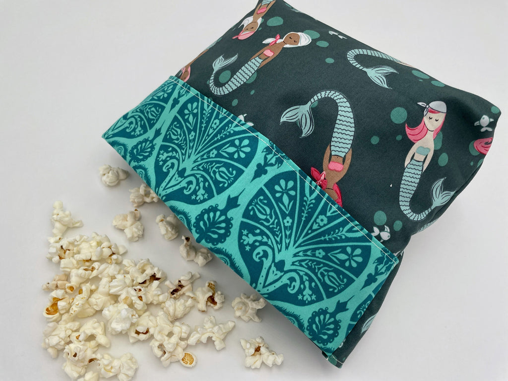 Reusable Popcorn Bag, Reusable Microwave Popcorn, Microwave Popcorn Cozy, Eco-Friendly Snack Holder - Mermaids Teal