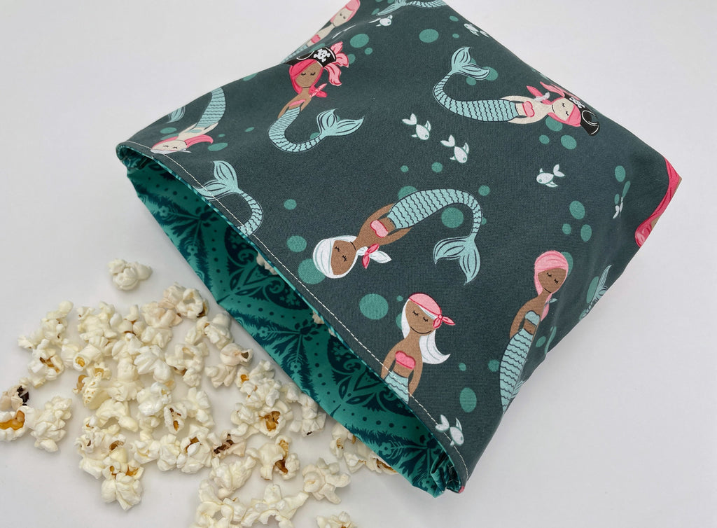 Reusable Popcorn Bag, Reusable Microwave Popcorn, Microwave Popcorn Cozy, Eco-Friendly Snack Holder - Mermaids Teal