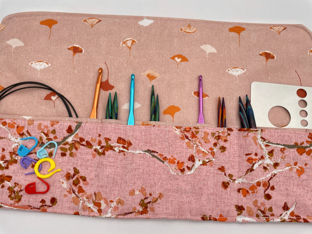 Interchangeable Knitting Needle Case, Knitting Notions Storage, Crochet Hook Roll, Knitting Needle Organizer - Enchanted Leaves Forest