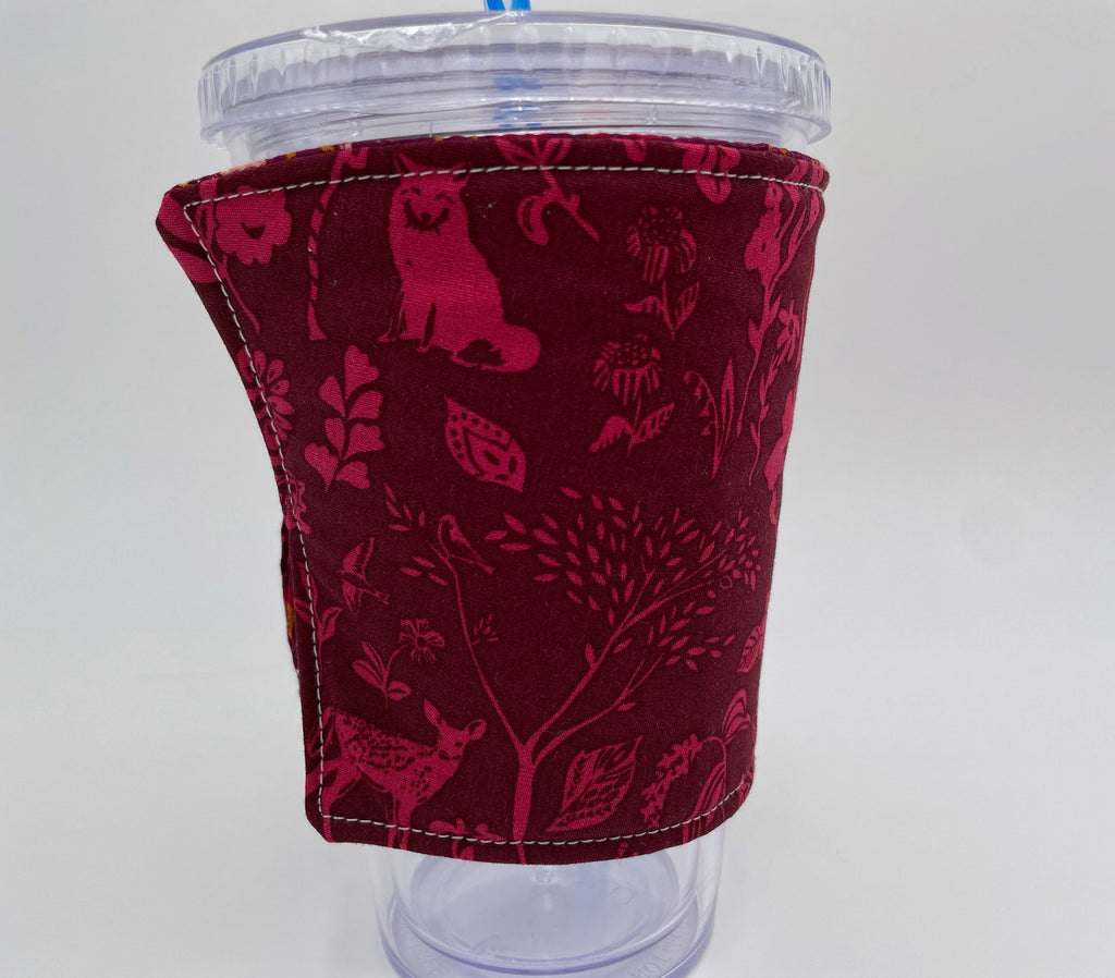Reversible Coffee Cozy, Insulated Coffee Sleeve, Coffee Cuff, Iced Coffee Sleeve, Hot Tea Sleeve, Cold Drink Cup Cuff - Forest Magenta