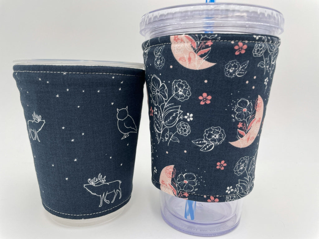 Reversible Coffee Cozy, Insulated Coffee Sleeve, Coffee Cuff, Iced Coffee Sleeve, Hot Tea Sleeve, Cold Drink Cup Cuff - Moon and Floral