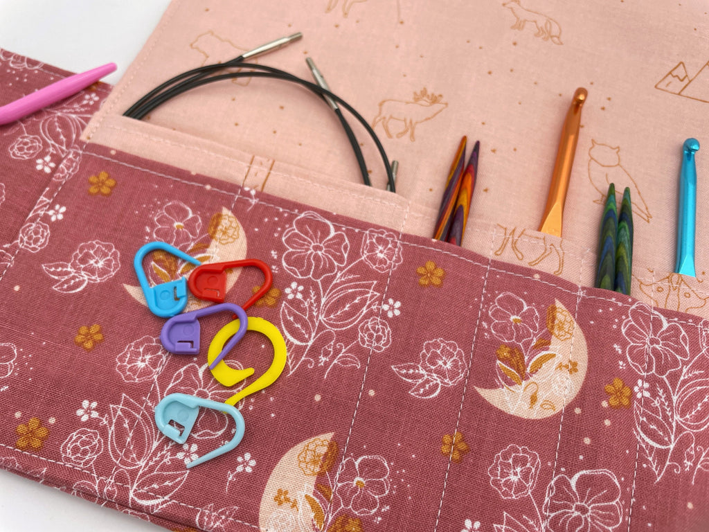 Interchangeable Knitting Needle Case, Knitting Notions Storage, Crochet Hook Roll, Knitting Needle Organizer - Moon and Floral Pink