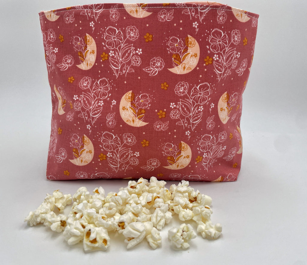 Reusable Popcorn Bag, Reusable Microwave Popcorn, Microwave Popcorn Cozy, Eco-Friendly Snack Holder - Moon and Floral Pink