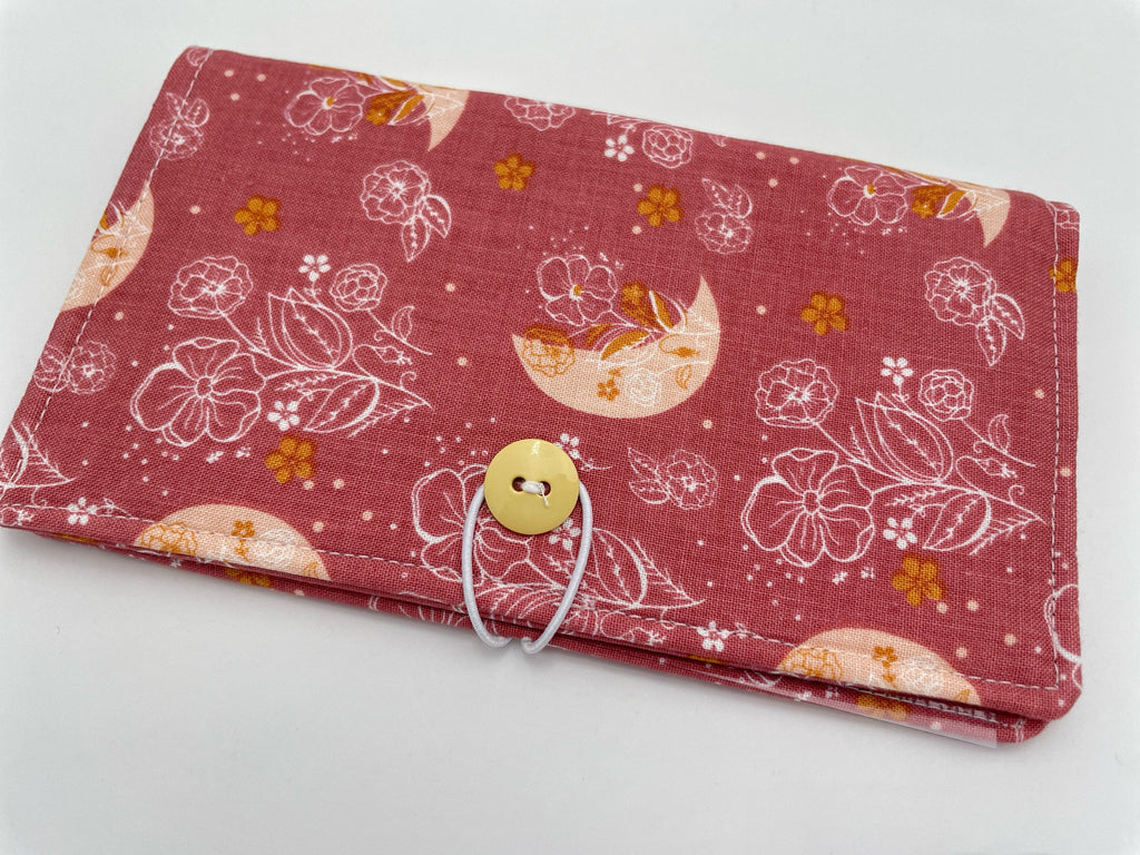 Duplicate Checkbook Cover, Checkbook Register , Duplicate Check Book Cover, Fabric Checkbook Holder, Pen Holder - Moon and Floral Pink
