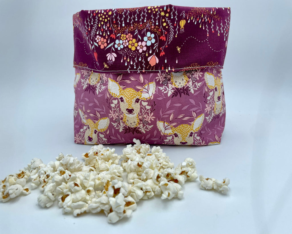 Reusable Popcorn Bag, Reusable Microwave Popcorn, Microwave Popcorn Cozy, Eco-Friendly Snack Holder - Deer Ruby Purple