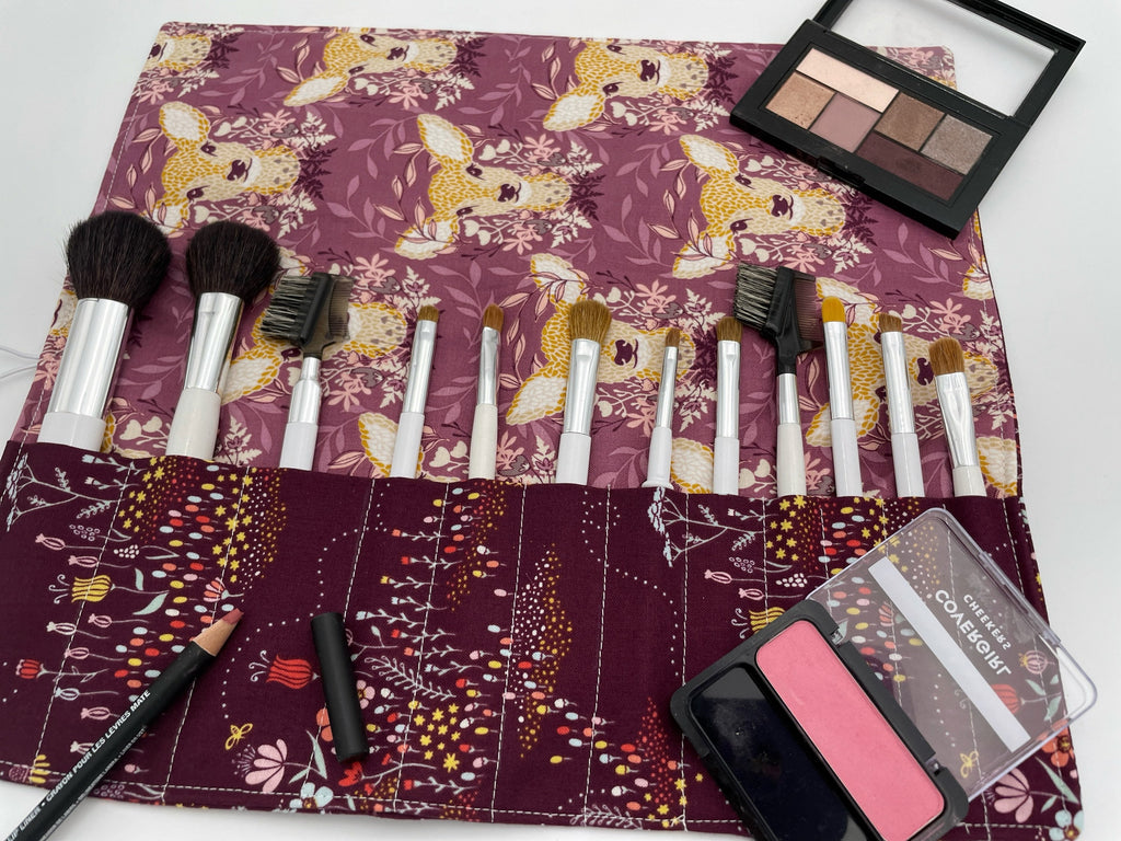 Makeup Brush Roll, Make Up Brush Holder, Travel Makeup Brush Case, Travel Make Up Brush Bag, Travel Cosmetic Brush -  Deer Ruby Purple