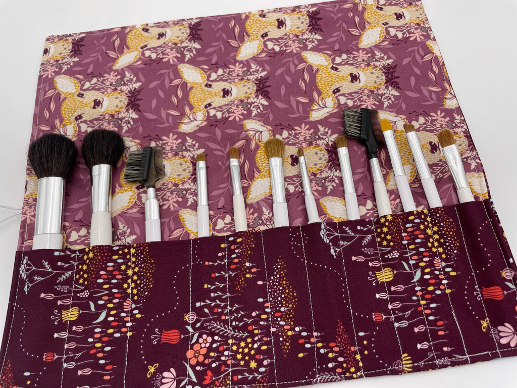 Makeup Brush Roll, Make Up Brush Holder, Travel Makeup Brush Case, Travel Make Up Brush Bag, Travel Cosmetic Brush -  Deer Ruby Purple
