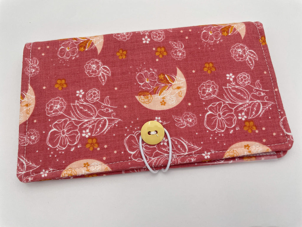 Duplicate Checkbook Cover, Checkbook Register , Duplicate Check Book Cover, Fabric Checkbook Holder, Pen Holder - Moon and Floral Pink