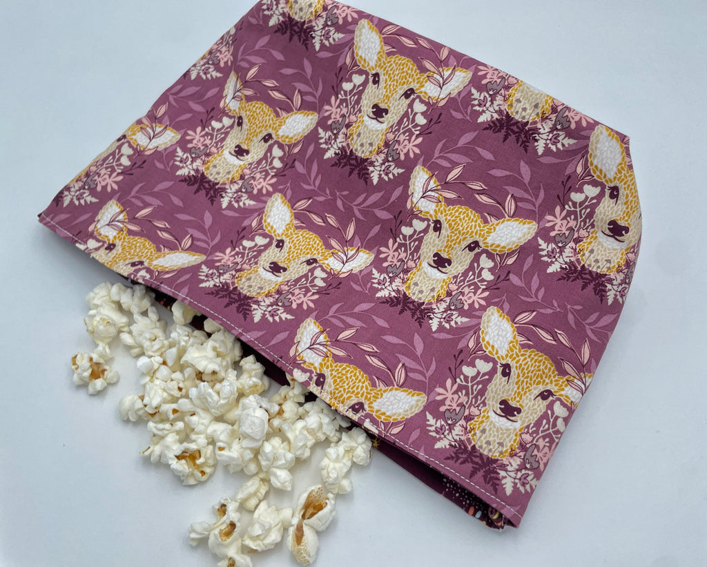 Reusable Popcorn Bag, Reusable Microwave Popcorn, Microwave Popcorn Cozy, Eco-Friendly Snack Holder - Deer Ruby Purple