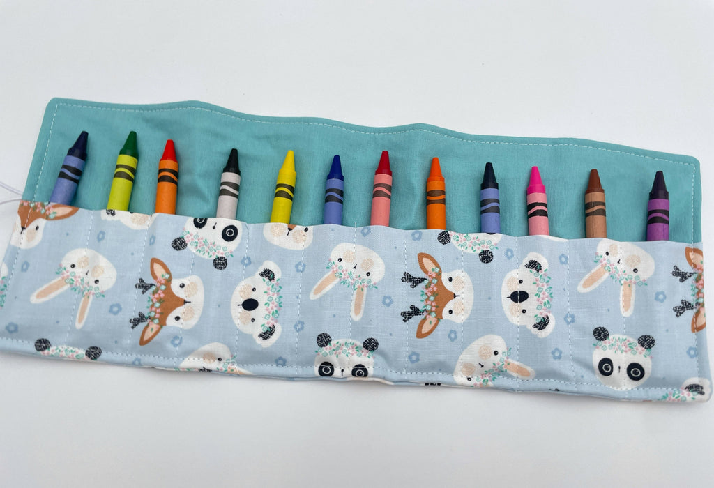 Crayon Roll, Crayon Caddy, Travel Toy, Kids Stocking Stuffer, Crayons Included - Deer Panda Rabbit