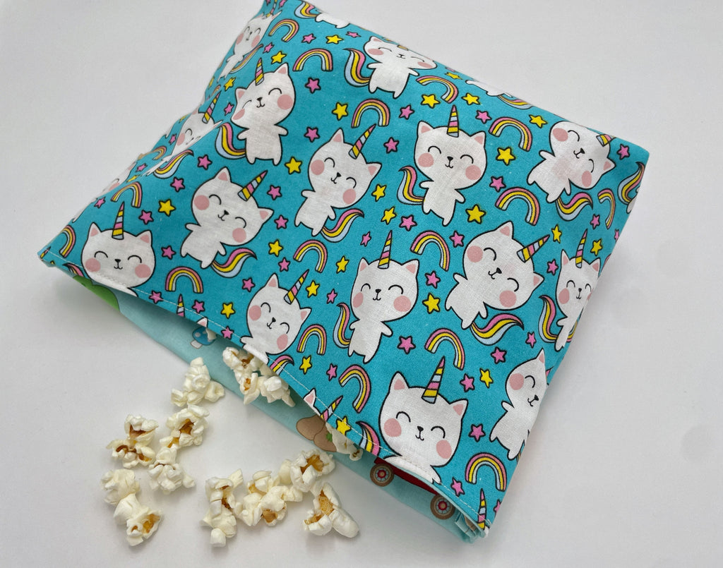 Reusable Popcorn Bag, Reusable Microwave Popcorn, Microwave Popcorn Cozy, Eco-Friendly Snack Holder - Unicorn Cat
