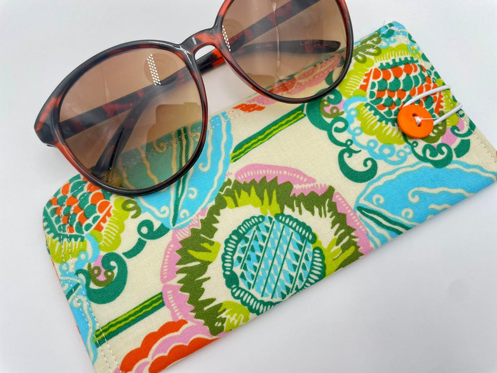 Fabric Eyeglass Case, Slip On Sunglass Sleeve, Reading Glasses Pouch, Eyeglass Holder - Orange Green Floral