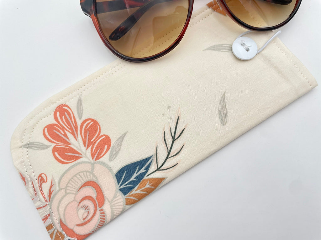 Fabric Eyeglass Case, Sunglass Sleeve, Soft Eyeglass Pouch, Paddded Eye Glasses Cover, Reading Glasses Holder - Cream Floral