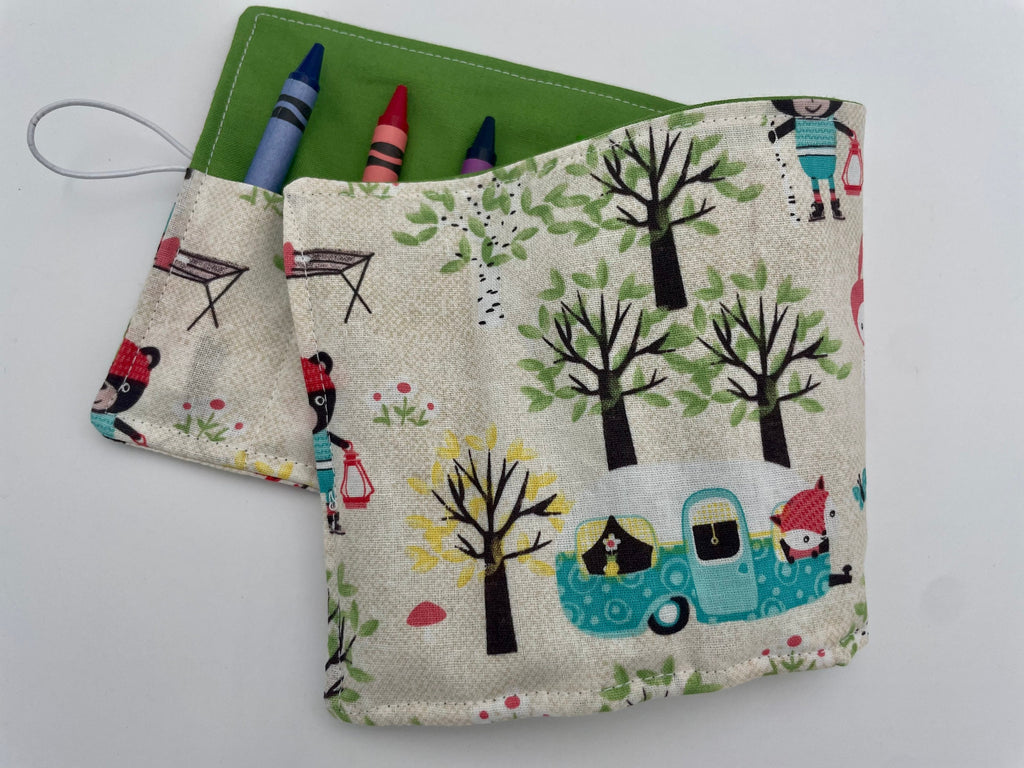 Crayon Roll, Crayon Caddy, Travel Toy, Kids Stocking Stuffer, Crayons Included - Animals Camping