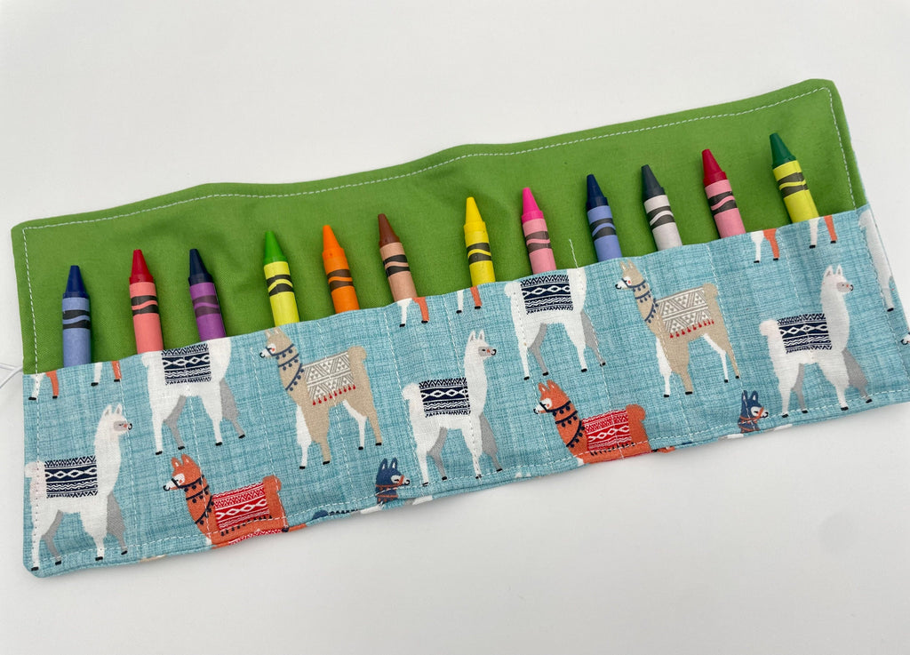 Animal Crayon Roll, Sloths Crayon Caddy, Crayon Case, Crayon Wallet - Llamas in Blue